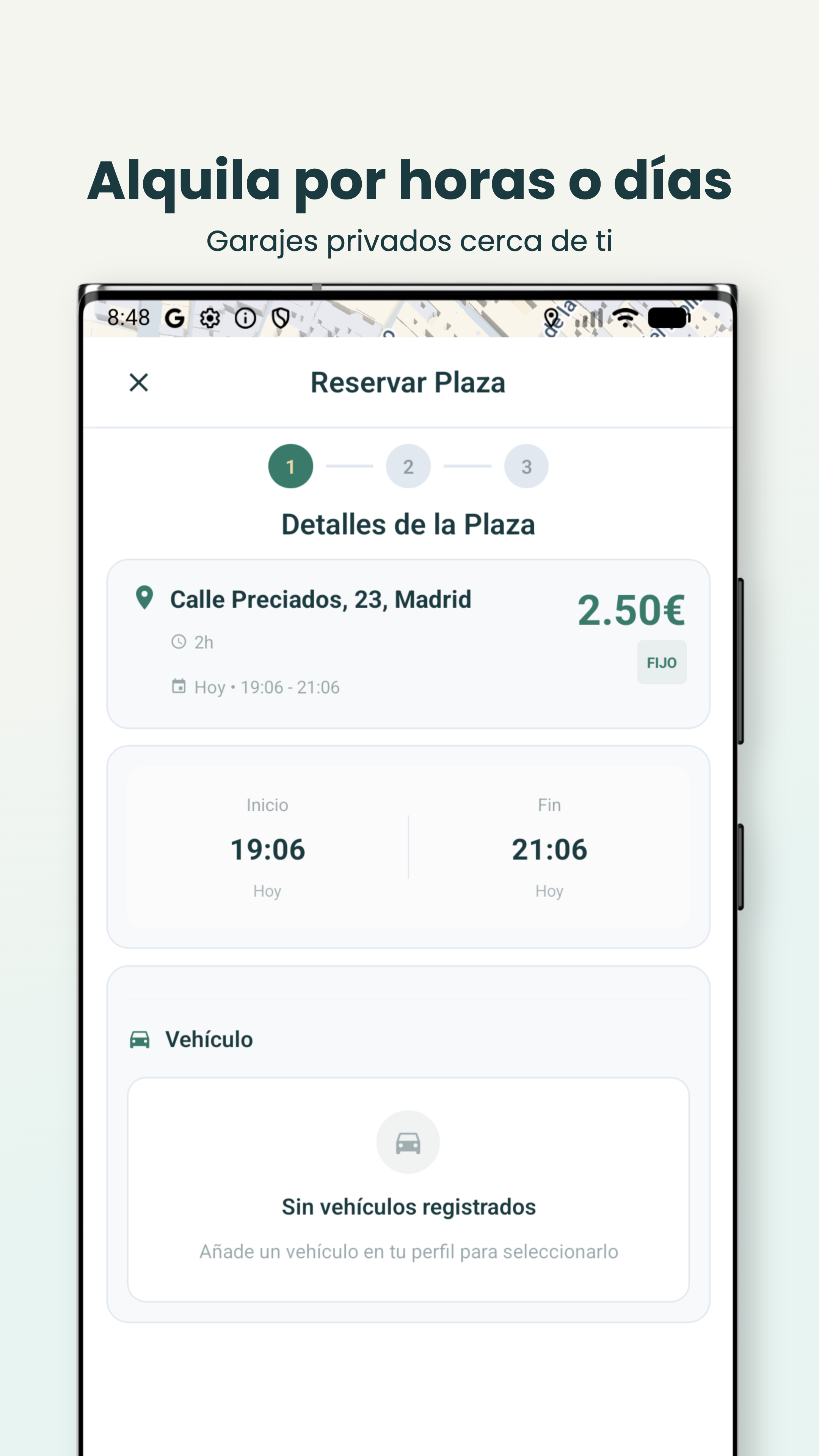Android - Reservar plaza privada con precio y horario